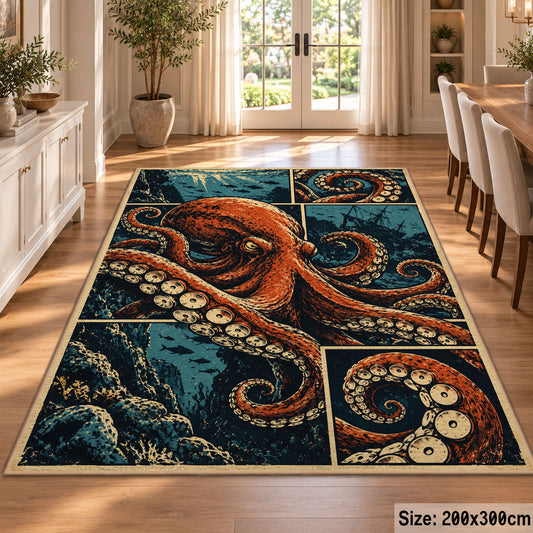 Orange Octopus Area Rug with Coral Panels — dining room setting