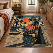 Sunset Skateboard Area Rug with Palm Trees — bedroom setting