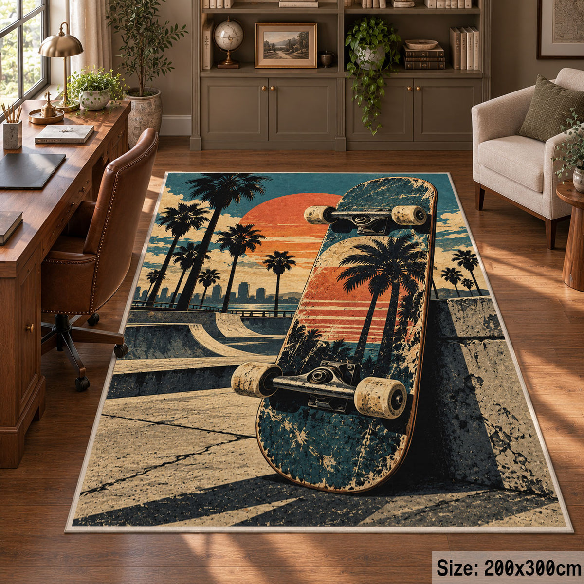 Sunset Skateboard Area Rug with Palm Trees — home office setting