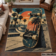 Sunset Skateboard Area Rug with Palm Trees — living room setting