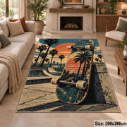 Sunset Skateboard Area Rug with Palm Trees — fireplace setting