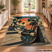 Sunset Skateboard Area Rug with Palm Trees — dining room setting