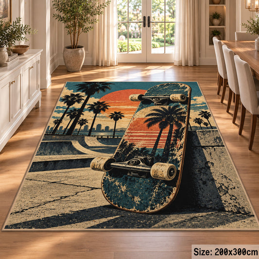 Sunset Skateboard Area Rug with Palm Trees — dining room setting