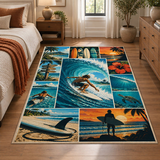 Surfing Wave Collage Area Rug in Teal and Sunset Orange — bedroom setting