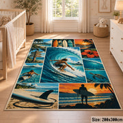 Surfing Wave Collage Area Rug in Teal and Sunset Orange — nursery setting