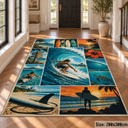 Surfing Wave Collage Area Rug in Teal and Sunset Orange — hallway setting