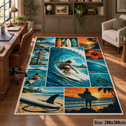Surfing Wave Collage Area Rug in Teal and Sunset Orange — home office setting