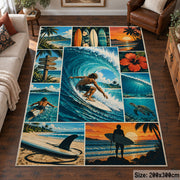 Surfing Wave Collage Area Rug in Teal and Sunset Orange — living room setting