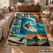 Surfing Wave Collage Area Rug in Teal and Sunset Orange — sofa seating area setting