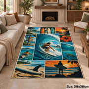 Surfing Wave Collage Area Rug in Teal and Sunset Orange — fireplace area setting