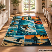 Surfing Wave Collage Area Rug in Teal and Sunset Orange — dining room setting