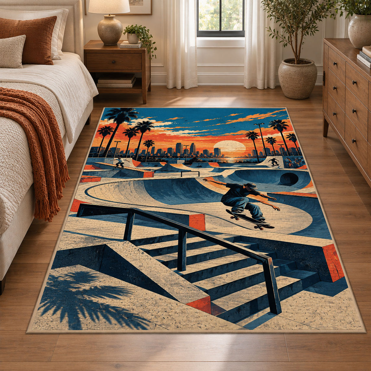 Sunset Skatepark Area Rug with Skater — bedroom setting