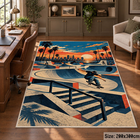 Sunset Skatepark Area Rug with Skater — home office setting