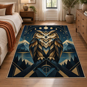 Geometric Owl Area Rug in Navy and Gold with Moon Phases — bedroom setting