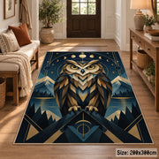 Geometric Owl Area Rug in Navy and Gold with Moon Phases — entryway setting