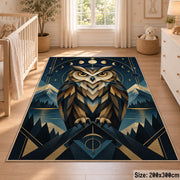 Geometric Owl Area Rug in Navy and Gold with Moon Phases — nursery setting