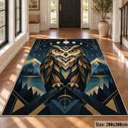 Geometric Owl Area Rug in Navy and Gold with Moon Phases — hallway setting