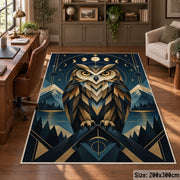 Geometric Owl Area Rug in Navy and Gold with Moon Phases — home office setting