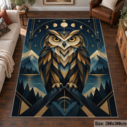 Geometric Owl Area Rug in Navy and Gold with Moon Phases — living room setting