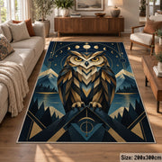 Geometric Owl Area Rug in Navy and Gold with Moon Phases — sofa seating area