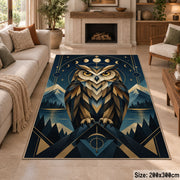 Geometric Owl Area Rug in Navy and Gold with Moon Phases — fireplace setting