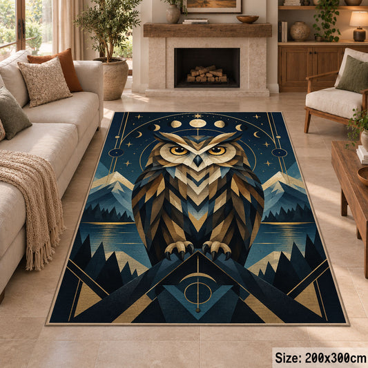 Geometric Owl Area Rug in Navy and Gold with Moon Phases — fireplace setting