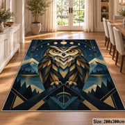 Geometric Owl Area Rug in Navy and Gold with Moon Phases — dining room setting