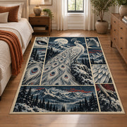 White Peacock Winter Collage Area Rug with Moonlit Mountain Scenes — bedroom setting