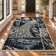 White Peacock Winter Collage Area Rug with Moonlit Mountain Scenes — hallway setting