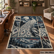 White Peacock Winter Collage Area Rug with Moonlit Mountain Scenes — home office setting