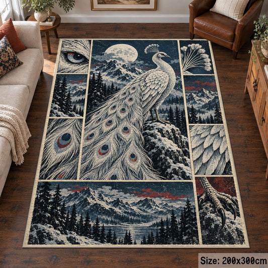 White Peacock Winter Collage Area Rug with Moonlit Mountain Scenes — living room setting