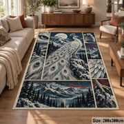 White Peacock Winter Collage Area Rug with Moonlit Mountain Scenes — sofa seating area setting