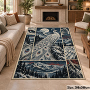White Peacock Winter Collage Area Rug with Moonlit Mountain Scenes — fireplace area setting