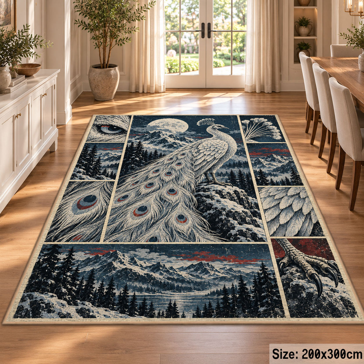 White Peacock Winter Collage Area Rug with Moonlit Mountain Scenes — dining room setting