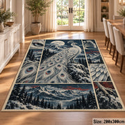 White Peacock Winter Collage Area Rug with Moonlit Mountain Scenes — dining room setting