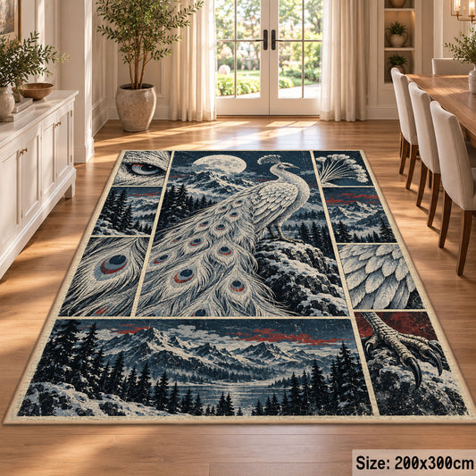 White Peacock Winter Collage Area Rug with Moonlit Mountain Scenes — dining room setting