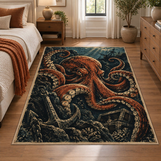 Octopus Treasure Area Rug with Anchor and Underwater Ruins — bedroom setting