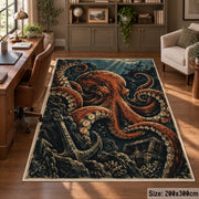 Octopus Treasure Area Rug with Anchor and Underwater Ruins — home office setting
