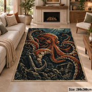 Octopus Treasure Area Rug with Anchor and Underwater Ruins — fireplace setting