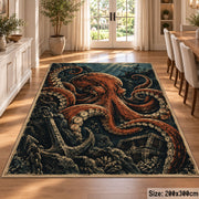 Octopus Treasure Area Rug with Anchor and Underwater Ruins — dining room setting