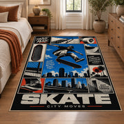 Blue Skateboarding Comic Collage Area Rug with Urban Skyline — bedroom setting