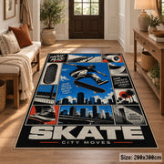 Blue Skateboarding Comic Collage Area Rug with Urban Skyline — entryway setting