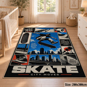 Blue Skateboarding Comic Collage Area Rug with Urban Skyline — nursery setting