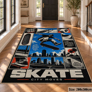 Blue Skateboarding Comic Collage Area Rug with Urban Skyline — hallway setting