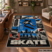 Blue Skateboarding Comic Collage Area Rug with Urban Skyline — home office setting