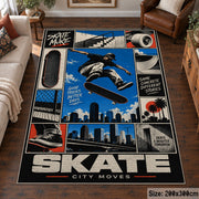 Blue Skateboarding Comic Collage Area Rug with Urban Skyline — living room setting