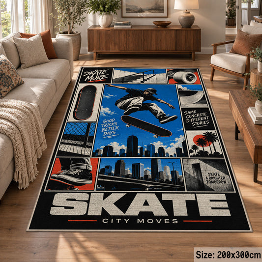 Blue Skateboarding Comic Collage Area Rug with Urban Skyline — sofa seating area