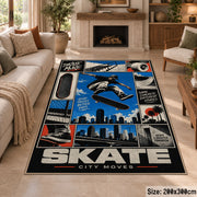 Blue Skateboarding Comic Collage Area Rug with Urban Skyline — fireplace setting