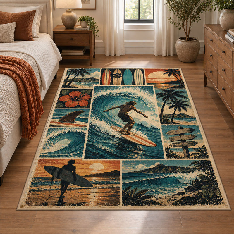 Surfer Beach Collage Area Rug with Palm Trees and Ocean Waves — bedroom setting