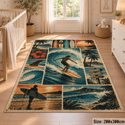 Surfer Beach Collage Area Rug with Palm Trees and Ocean Waves — nursery setting